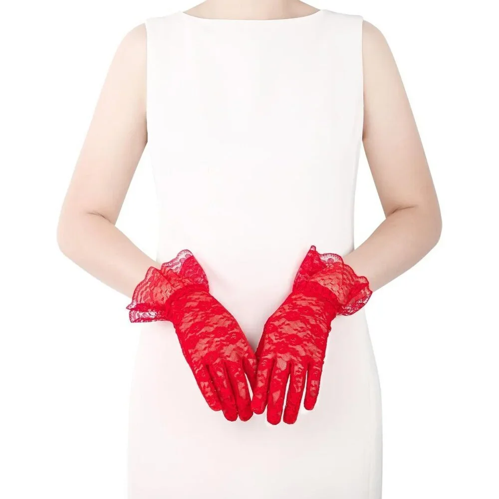 Women's Red Short Nylon Mesh Imported Nylon Sheer Lace Ruffles Gloves